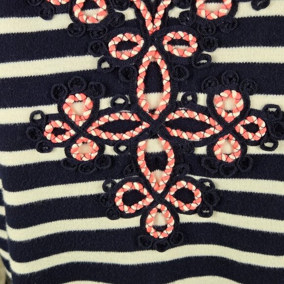 Talbots Petite Size Large Blue White Striped Shift Dress 3/4 Sleeve Embroidery - Picture 4 of 10